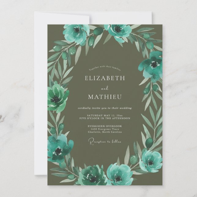 Olive Teal Anemone Wedding Invitation (Front)