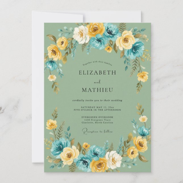 Olive Teal Ranunculus Eucalyptus Wedding Invitation (Front)