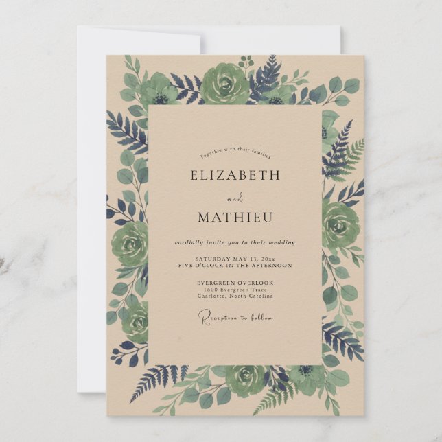 Olive Teal Succulent Eucalyptus Wedding Invitation (Front)