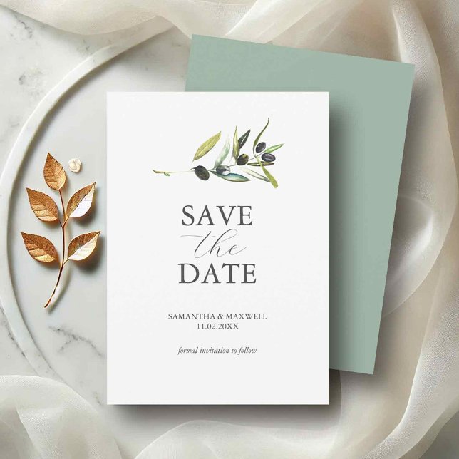 Olive Theme Non Photo Wedding Save The Date (Non photo save the dates watercolor olive branch by Do Tell A Belle)