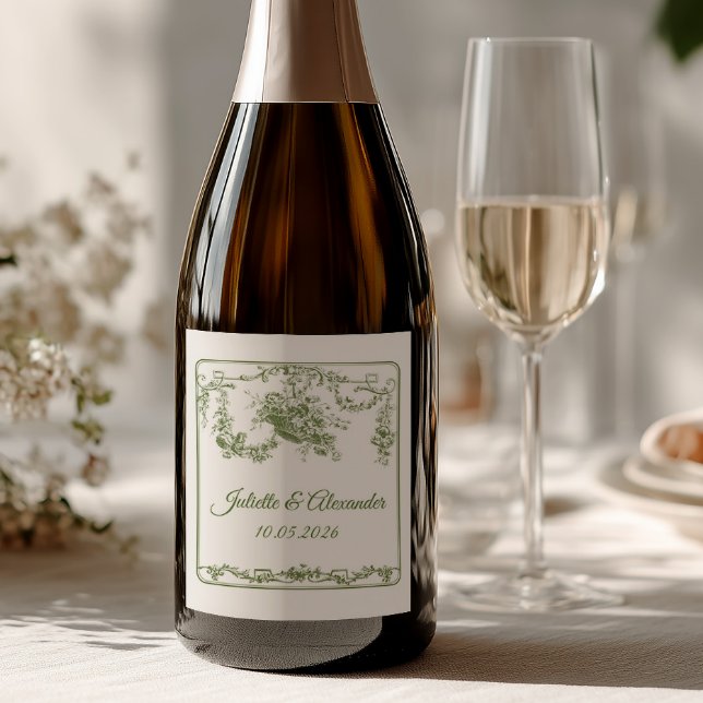 Olive Toile de Jouy Wedding Bottle Label  (Creator Uploaded)