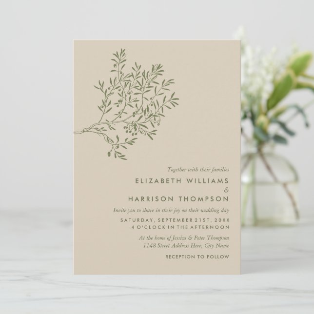 Olive Tree Branch, Rustic & Minimalistic Wedding Invitation (Standing Front)