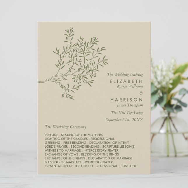 Olive Tree Branch, Rustic & Minimalistic Wedding Program (Standing Front)