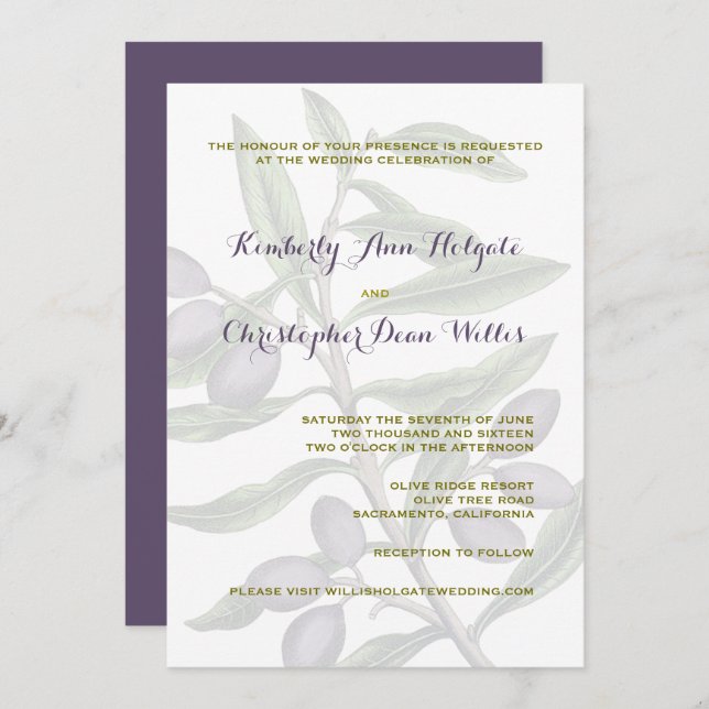 Olive Tree Branch Wedding | Green Purple Invitation (Front/Back)