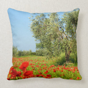 Olive tree in poppy field throw pillow