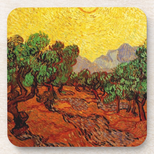 Olive Trees with Yellow Sky and Sun Coaster (Front)