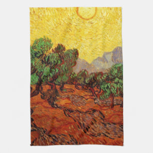 Olive Trees with Yellow Sky and Sun Kitchen Towel