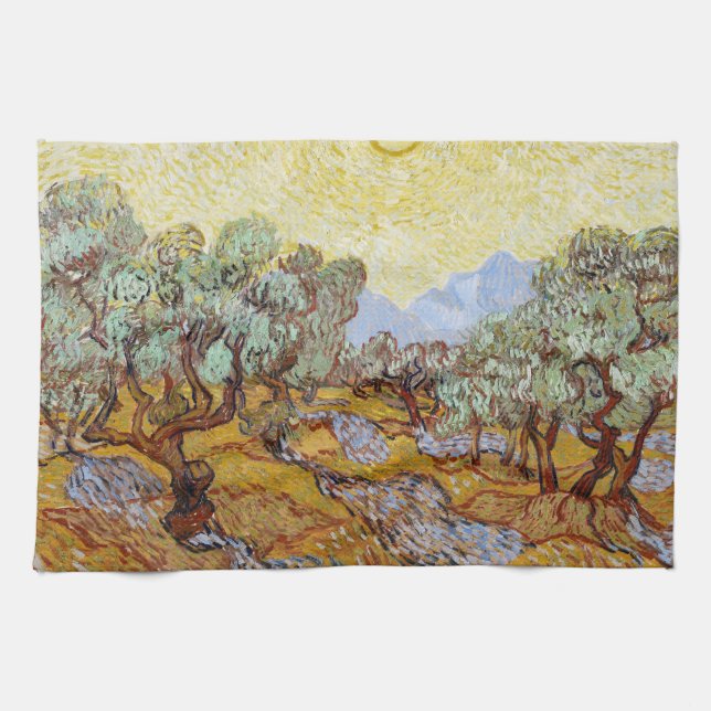 Olive Trees with yellow sky and sun   Kitchen Towel (Horizontal)