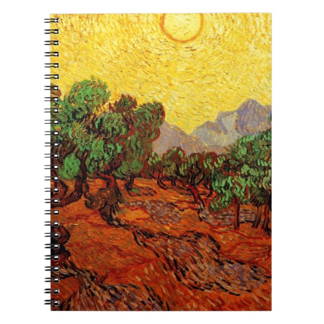 Olive Trees with Yellow Sky and Sun Notebook (Front)