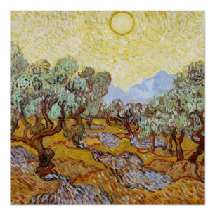 Olive Trees with yellow sky and sun  Poster