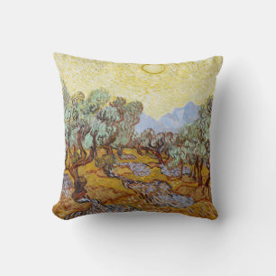 Olive Trees with yellow sky and sun Throw Pillow