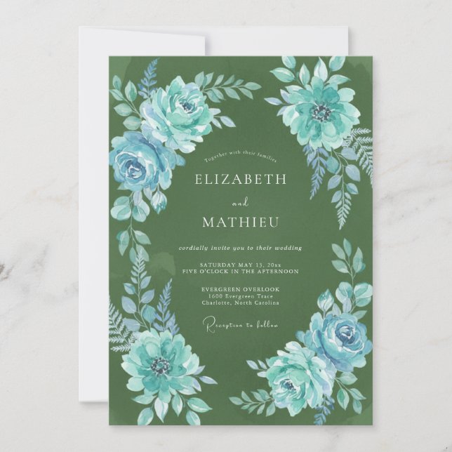 Olive Turquoise Watercolor Wedding Invitation (Front)