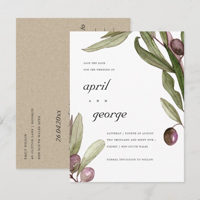 OLIVE WATERCOLOR FOLIAGE FLORAL SAVE THE DATE CARD (Front/Back)