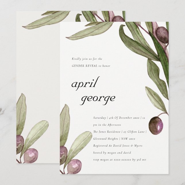 OLIVE WATERCOLOR FOLIAGE HOMME INVITATION (Devant / Derrière)