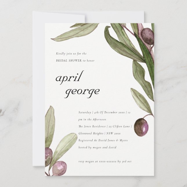 OLIVE WATERCOLOR FOLIAGE INVITATION FÊTE DES MARIÉ (Devant)