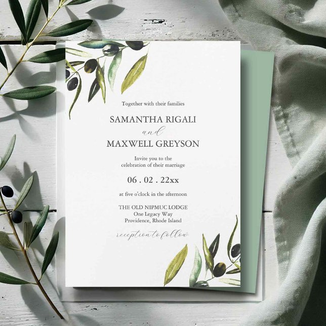Olive Watercolor Wedding Invites (olive wedding invitations features watercolor art by Victoria Grigaliunas of do Tell A Belle)