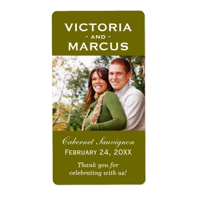 Olive Wedding Monogram Photo Wine Bottle Favour (Front)