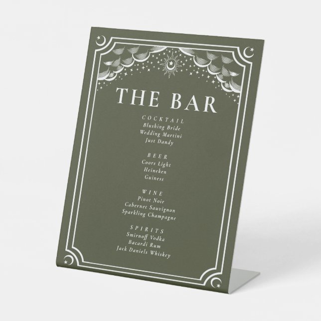 Olive & White Gothic Tarot Card Wedding Bar Menu Pedestal Sign (Front)