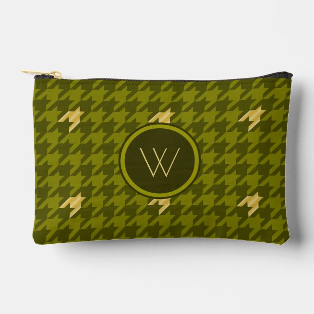 Olive with Gold Accent Houndstooth Accessory Pouch (Front)