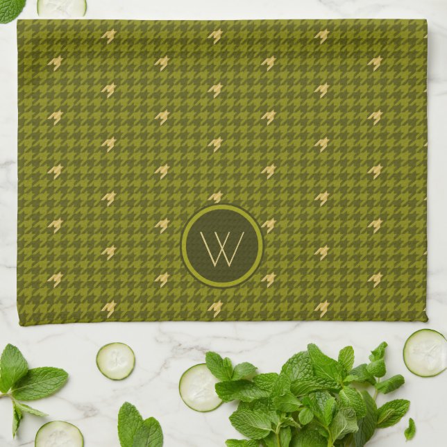 Olive with Gold Accent Houndstooth Kitchen Towel (Folded)