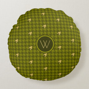 Olive with Gold Accent Houndstooth Round Pillow