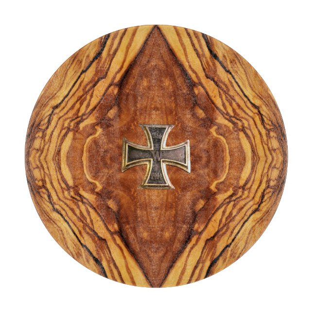 Olive wood, burl wood finish with iron cross cutting board (Front)