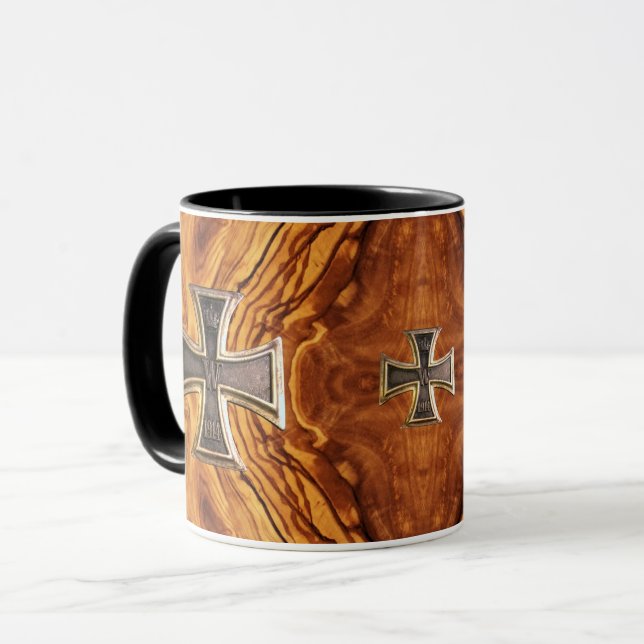 Olive wood, burl wood finish with iron cross mug (Front Left)