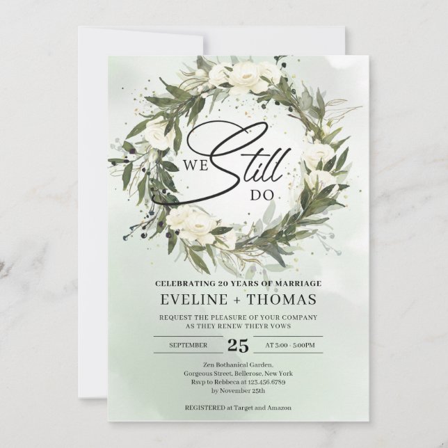 Olive wreath dusty green white roses we still do invitation (Front)