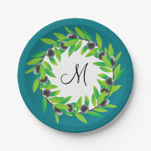 Olive Wreath Monogram Paper Plate