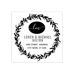 Olive wreath  monogram return address rubber stamp