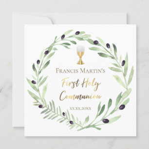 olive wreath watercolor First holy Communion Invitation
