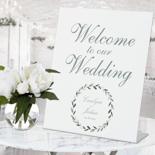 Olive Wreath Welcome To Our Wedding 2 Elegant Pedestal Sign (Creator Uploaded)