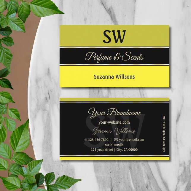 Olive Yellow Borders on Black Modern with Monogram Business Card (Creator Uploaded)