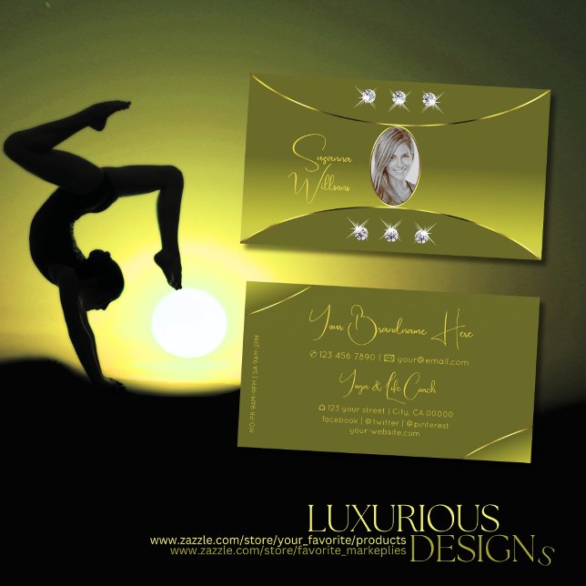 Olive Yellow with Gold Decor Diamonds and Photo Business Card (Creator Uploaded)