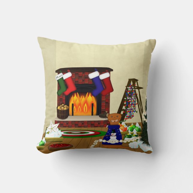 Oliver Decorates for Christmas Throw Pillow (Front)