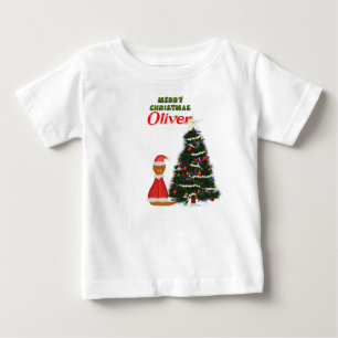 Oliver Dressed as Santa by His Christmas Tree Baby T-Shirt