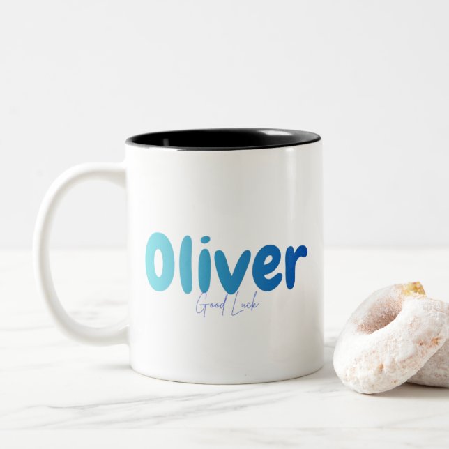 Oliver Name Gift - Good Luck - Personalized Design Two-Tone Coffee Mug (With Donut)