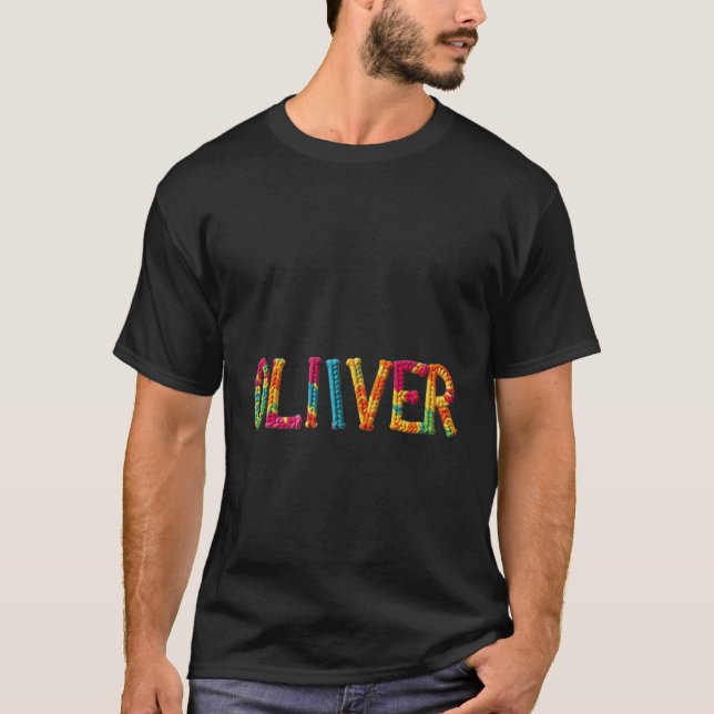 OLIVER Name in Vibrant Crochet Pattern T-Shirt (Front)