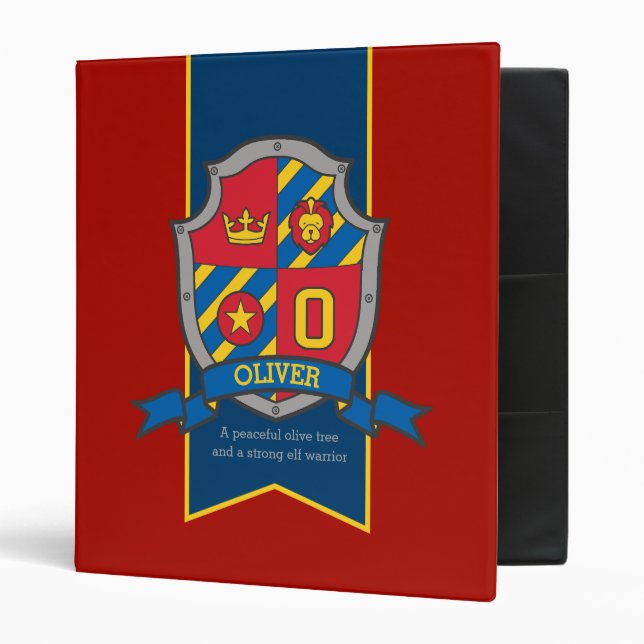 Oliver name meaning knight shield red blue binder (Front/Inside)