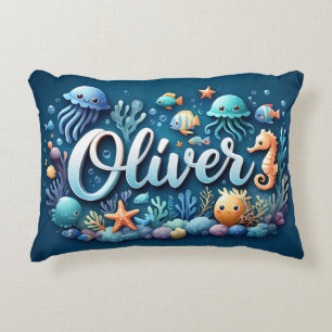 Oliver Name Ocean Theme Decorative Sea Life Accent Pillow