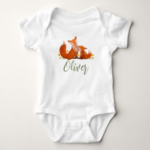 Oliver Name Reveal Fox Forest Animal Boy Whimsical Baby Bodysuit