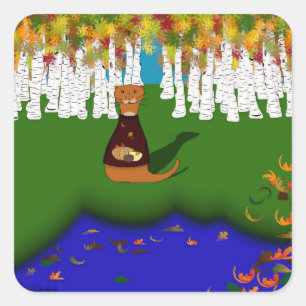 Oliver The Otter at River Wolf Lake in Autumn Square Sticker