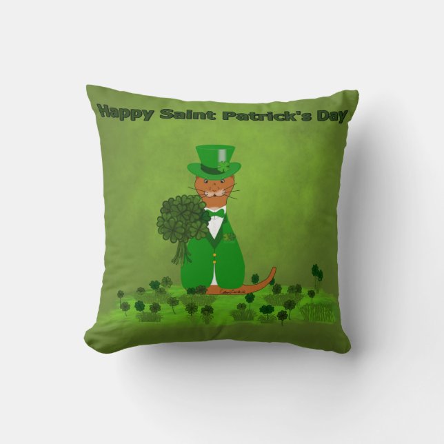 Oliver The Otter Picking Shamrocks- Saint Patricks Throw Pillow (Front)
