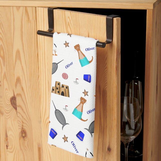 Oliver The Otter Summer Beach Vacation Pattern Kitchen Towel (Thirds Fold)