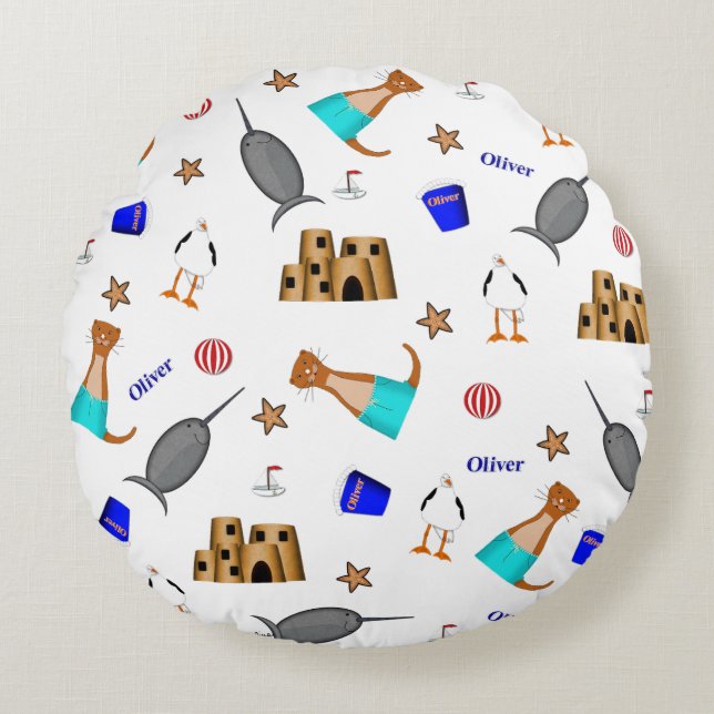 Oliver The Otter Summer Beach Vacation Pattern Round Pillow (Front)