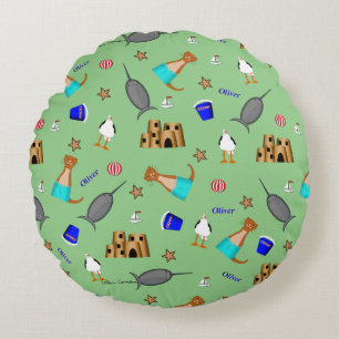 Oliver The Otter Summer Beach Vacation Pattern Round Pillow