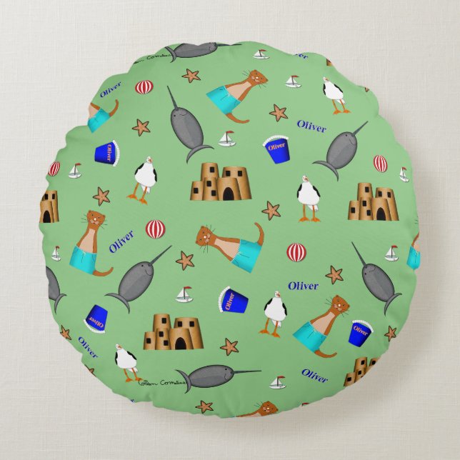 Oliver The Otter Summer Beach Vacation Pattern Round Pillow (Front)