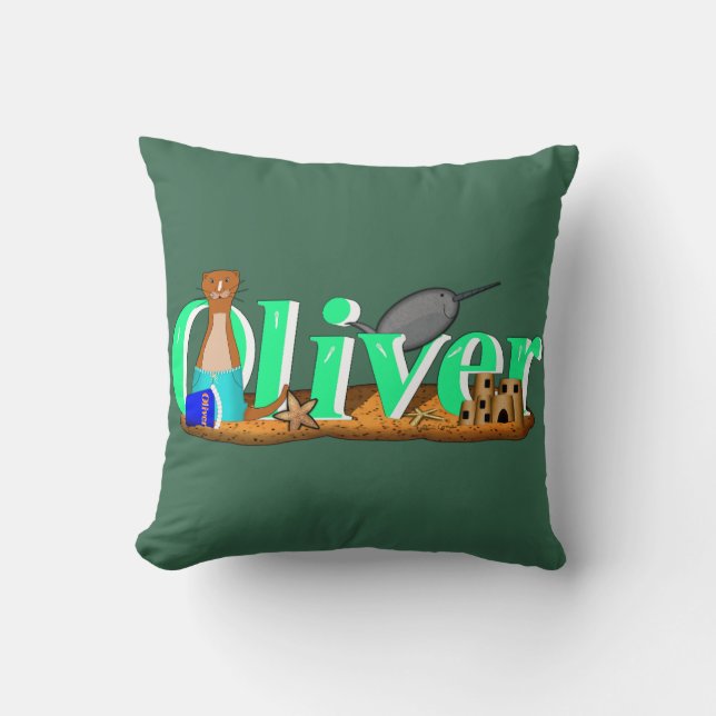 Oliver The Otter's at the Beach Throw Pillow (Front)