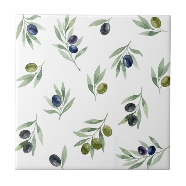 Olives Green Watercolor Botanical Chic Pattern Tile (Front)