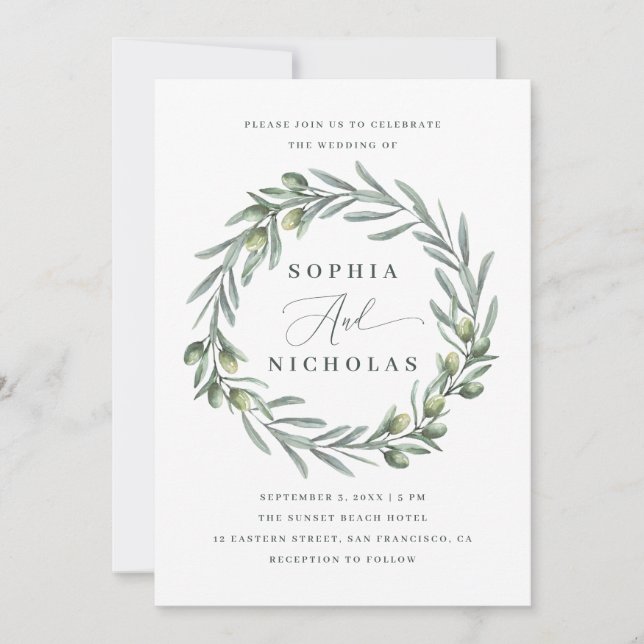 Olives invitation. Italian wedding. Nature wreath Invitation (Front)